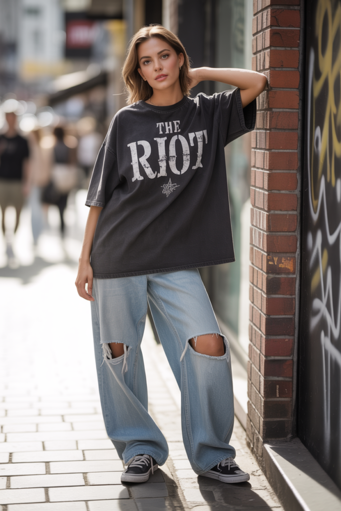 Extra-Large Band Tee With Ripped Jeans