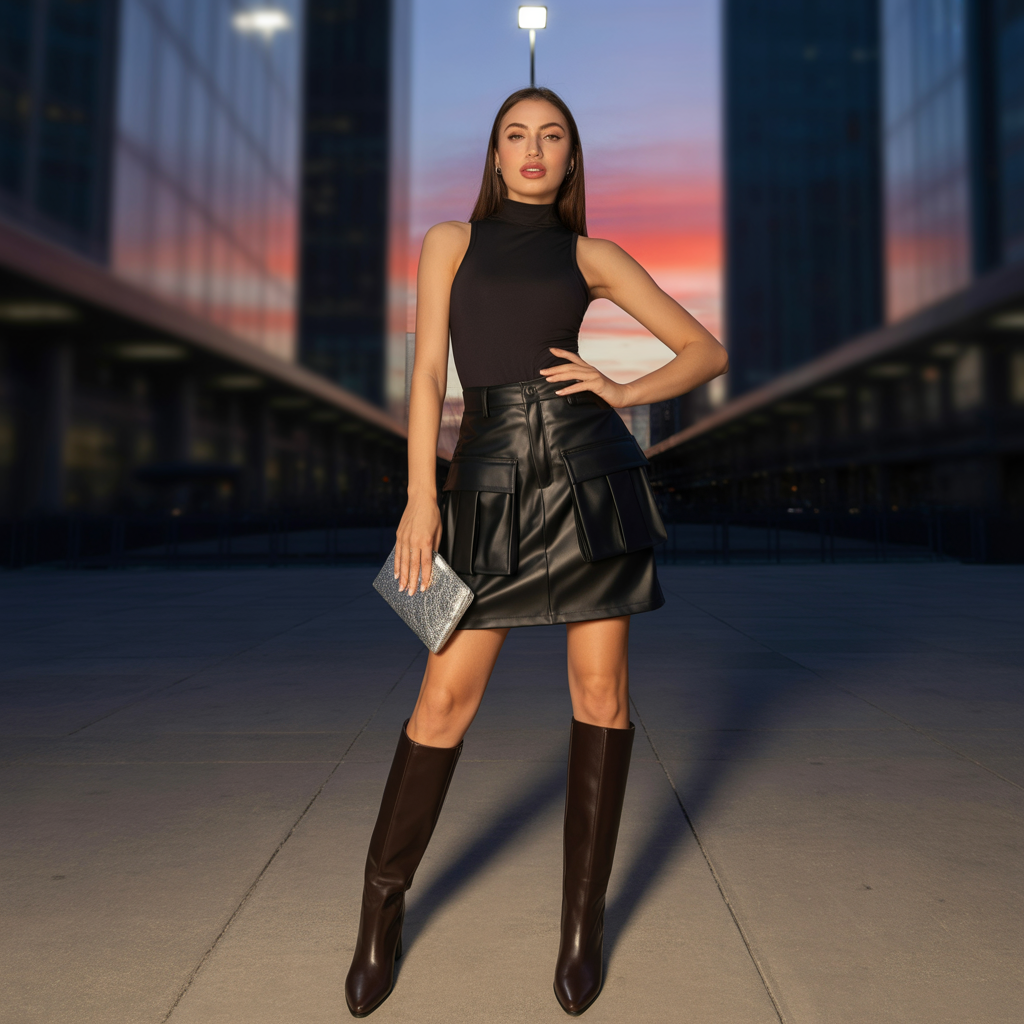 Faux Leather Cargo Skirt With Turtleneck Bodysuit