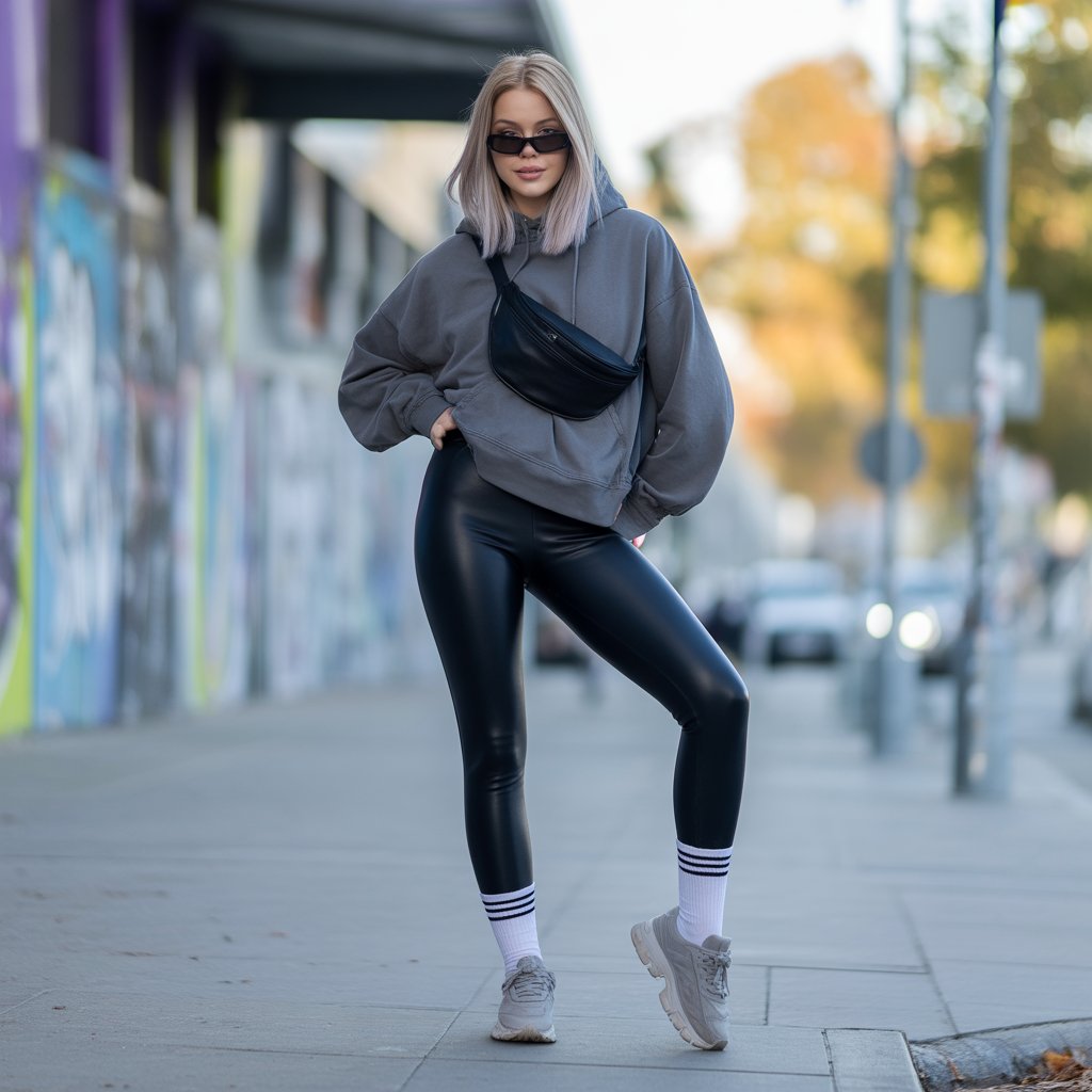 Faux Leather Leggings With Oversized Hoodie