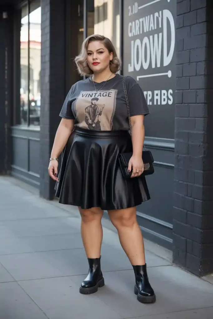Faux Leather Skirt with Graphic Tee and Chunky Boots
