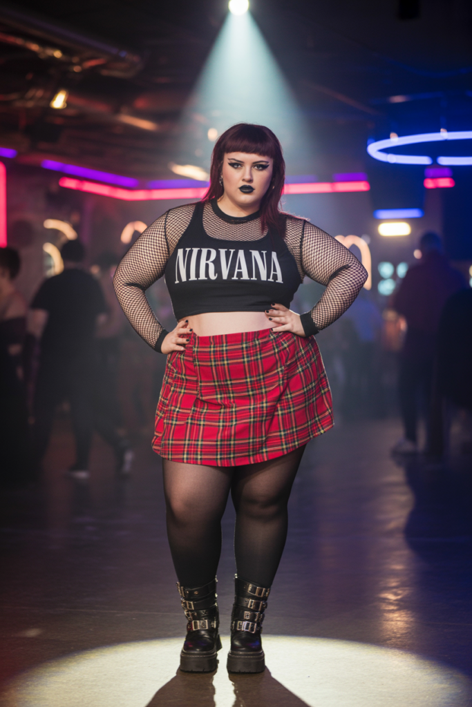 Fishnet Top Under Graphic Tank With Plaid Skirt
