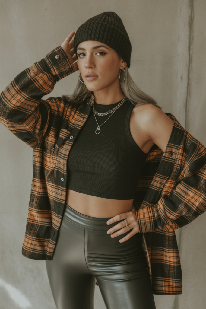 Flannel Shirt + Crop Tank + Leather Leggings