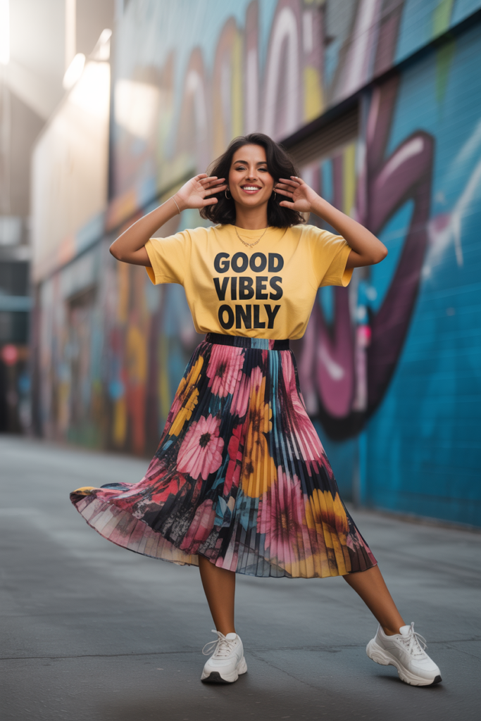 Flared Midi Skirt + Graphic Tee for a Casual, Trendy Look