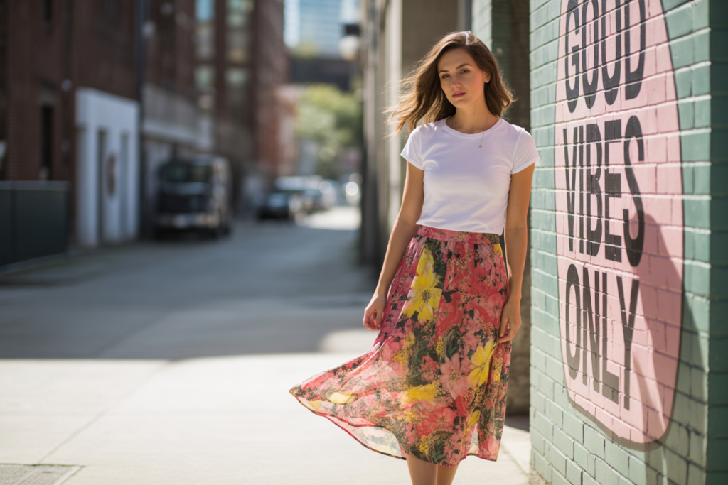 Floral Midi Skirt + Basic Tee for a Casual Day Out