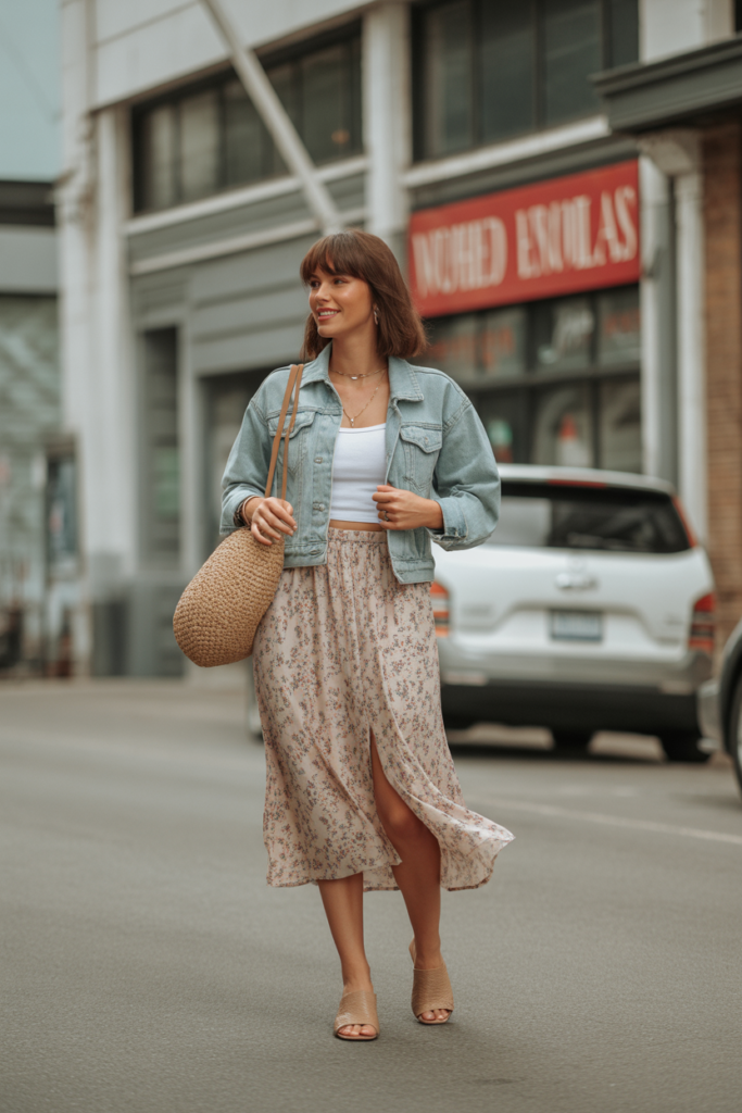 Floral Skirt + Jean Jacket + Tank