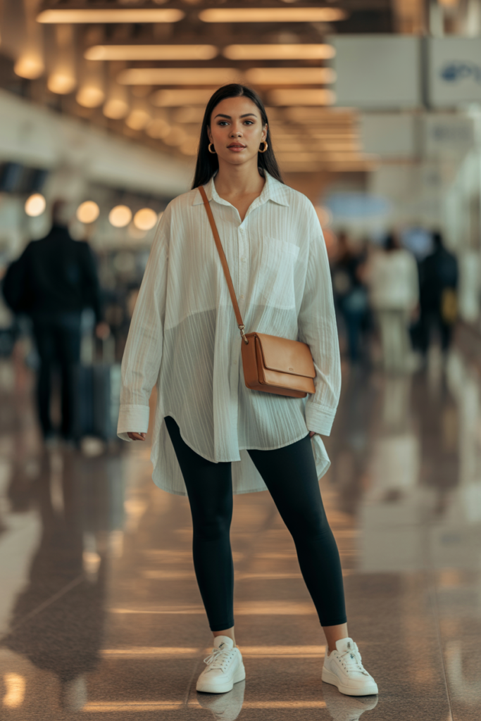 Flowy Button-Up Shirt With Leggings