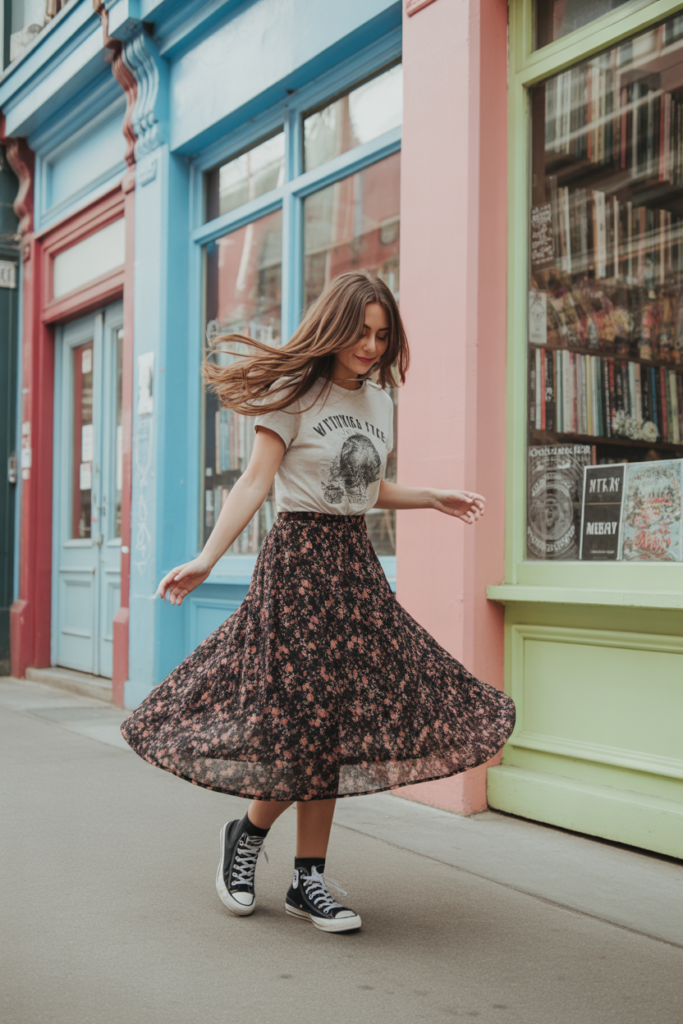 Flowy Skirt + Graphic Tee + Sneakers