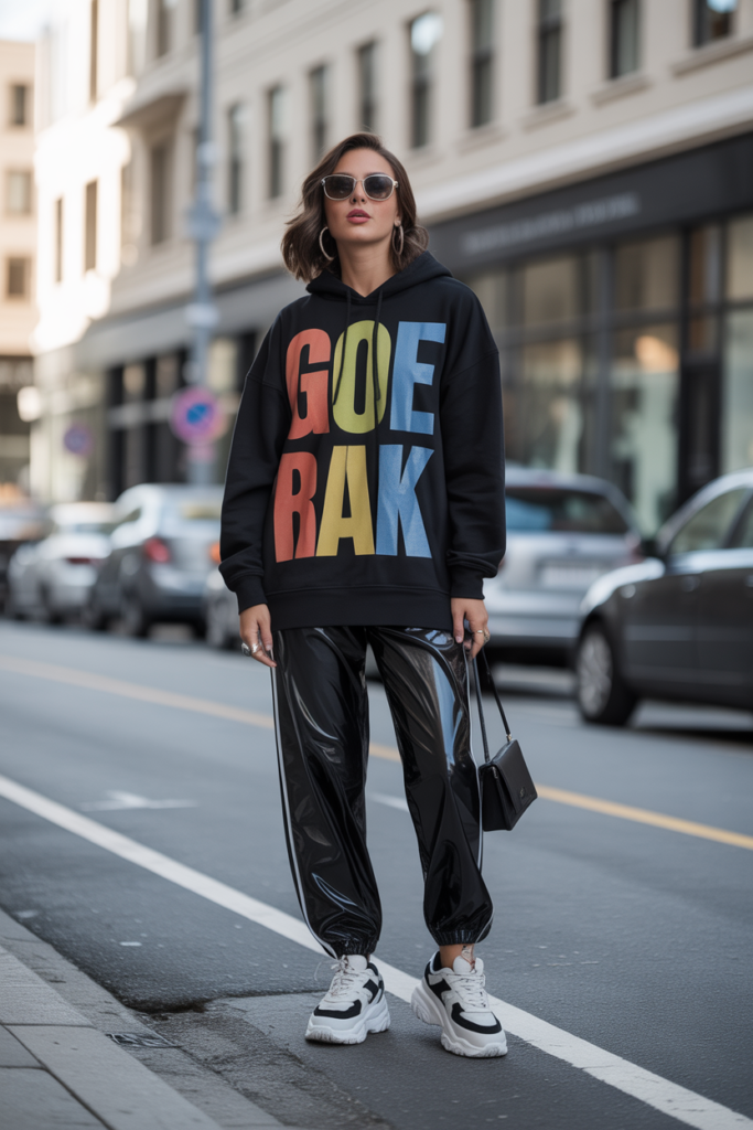Graphic Hoodie + Vinyl Pants + Sneakers