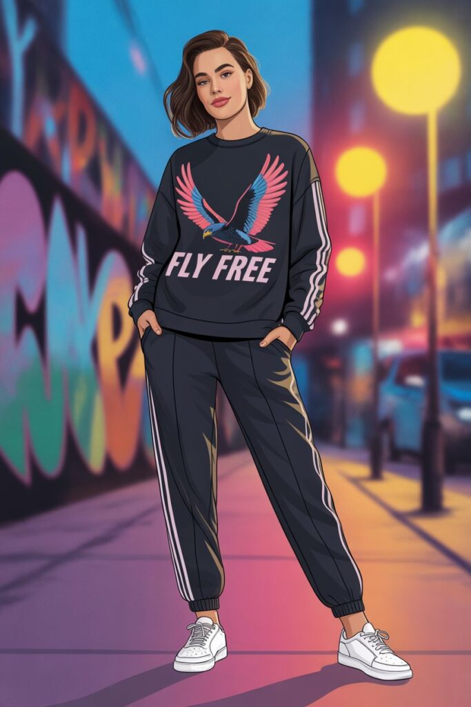 Graphic Sweatshirt With Side Stripe Joggers