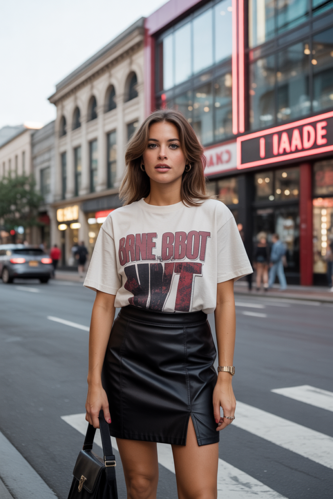 Graphic Tee + Leather Mini Skirt