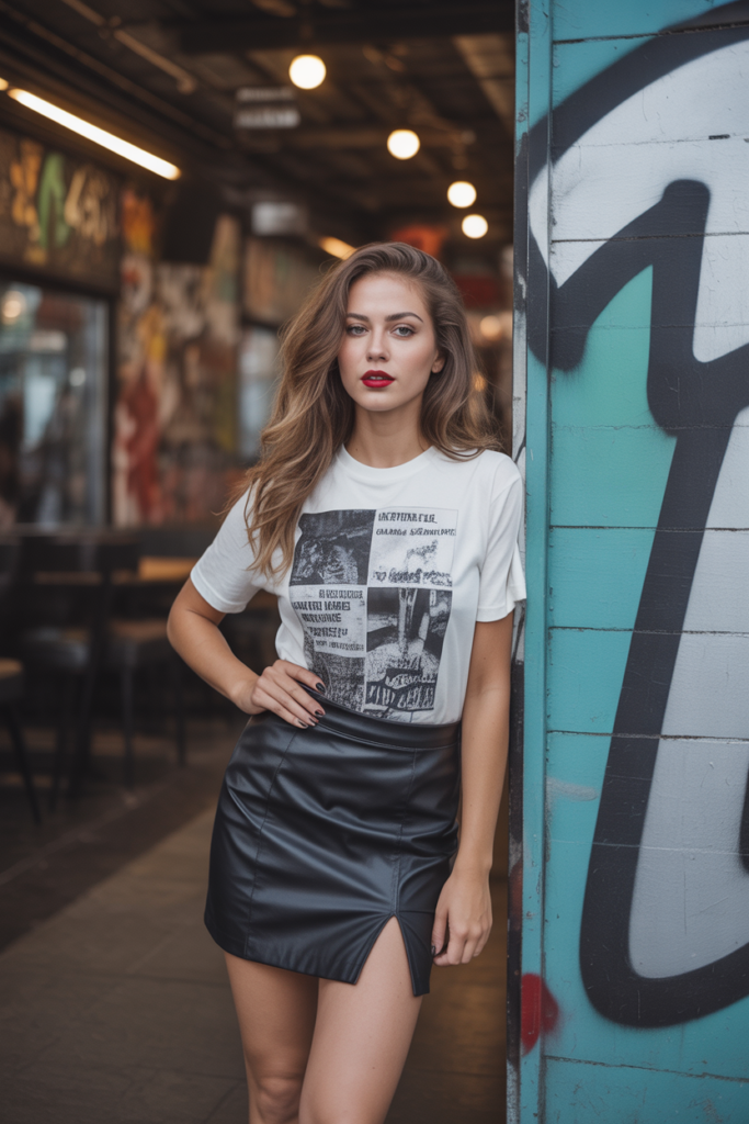 Graphic Tee + Leather Skirt