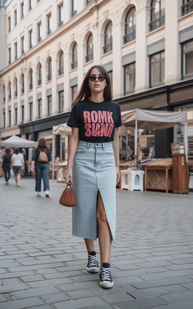 Graphic Tee + Midi Denim Skirt + High-Tops