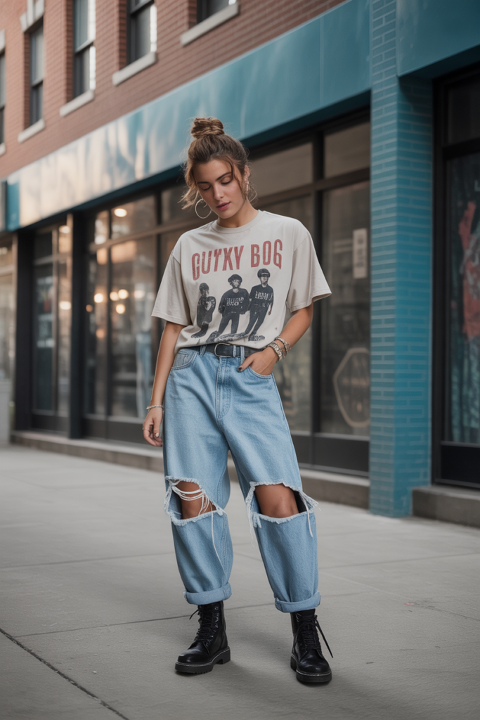Graphic Tee + Ripped Baggy Jeans
