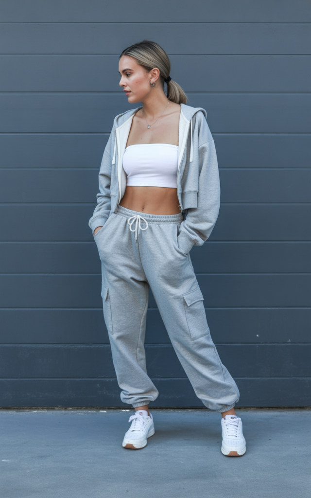 Gray Jogger Cargos + Tube Top + Zip-Up Hoodie