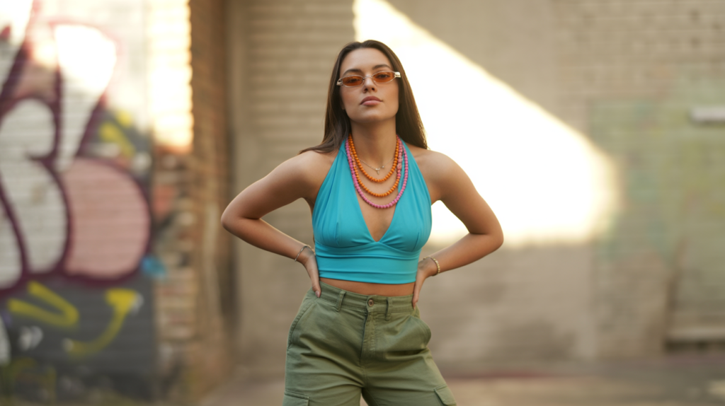 Halter Top With Cargo Pants And Sunglasses