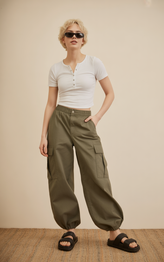 Henley Top + Cargo Pants + Sport Slides