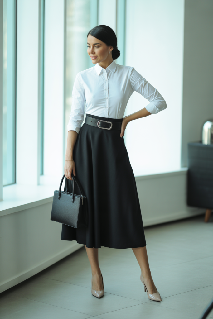 High-Waisted Black Midi Skirt With White Button-Up