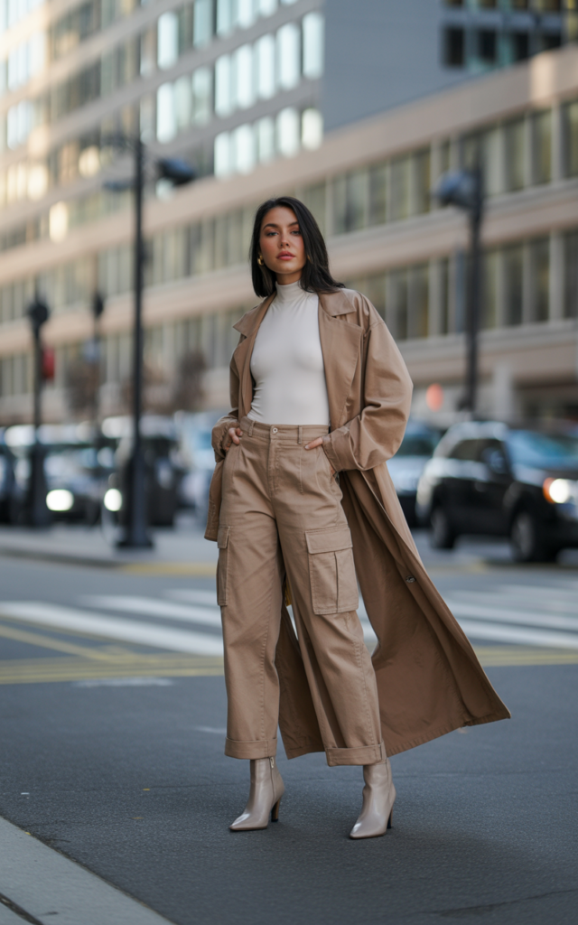 High-Waisted Cargos + Bodysuit + Duster Coat