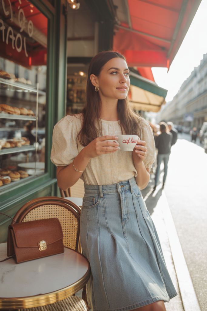 High-Waisted Denim Skirt + Blouse with Puff Sleeves for a Romantic Look