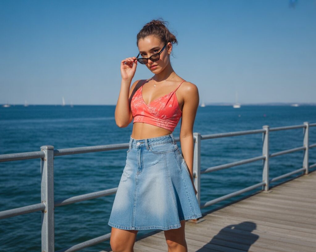 High-Waisted Denim Skirt + Crop Top for a Summer Day Out