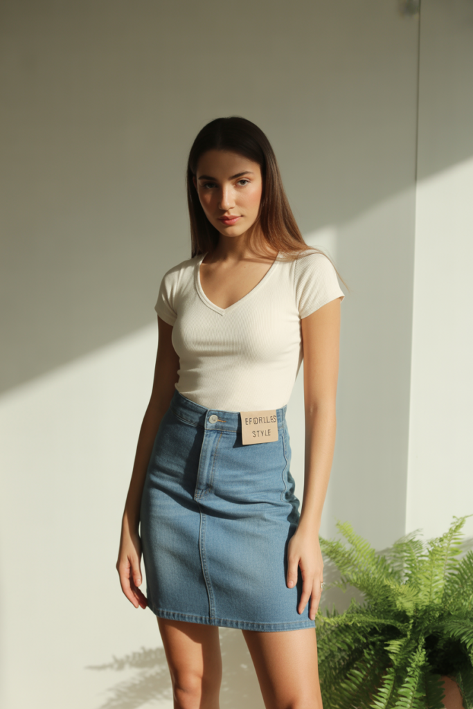 High-Waisted Denim Skirt + V-Neck Top for a Slimming Effect