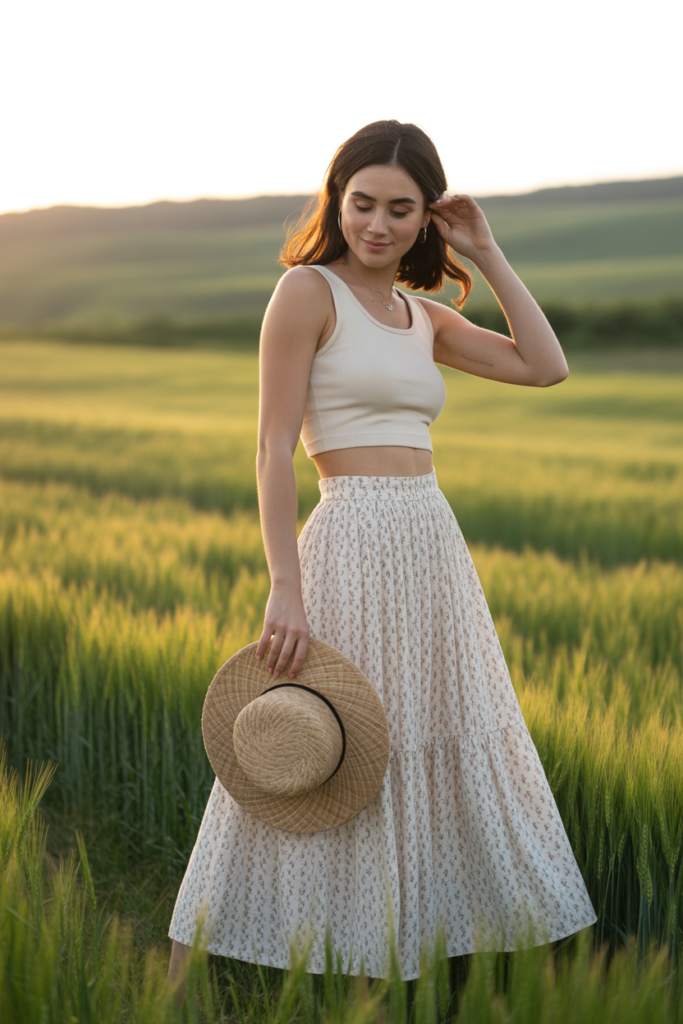 High-Waisted Midi Skirt + Crop Top for a Summer Evening