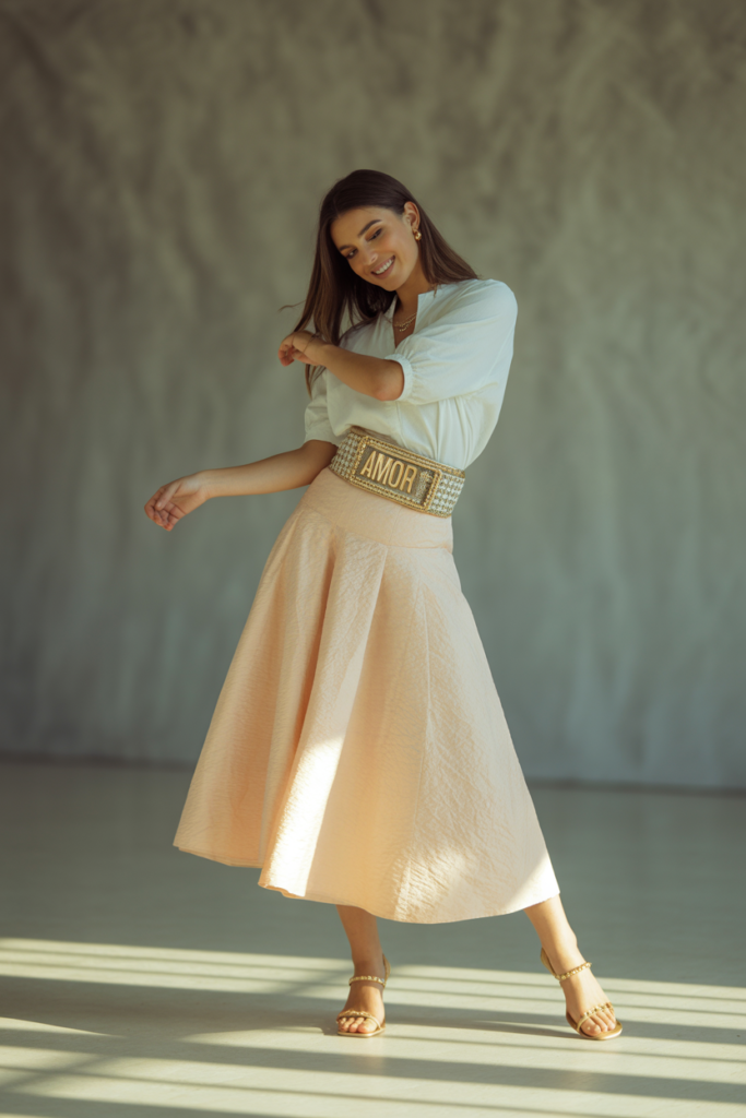 High-Waisted Midi Skirt + Statement Belt for a Stylish Twist
