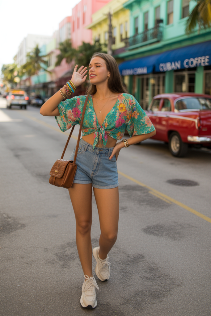 High-Waisted Shorts + Tie-Front Blouse For Little Havana Exploring