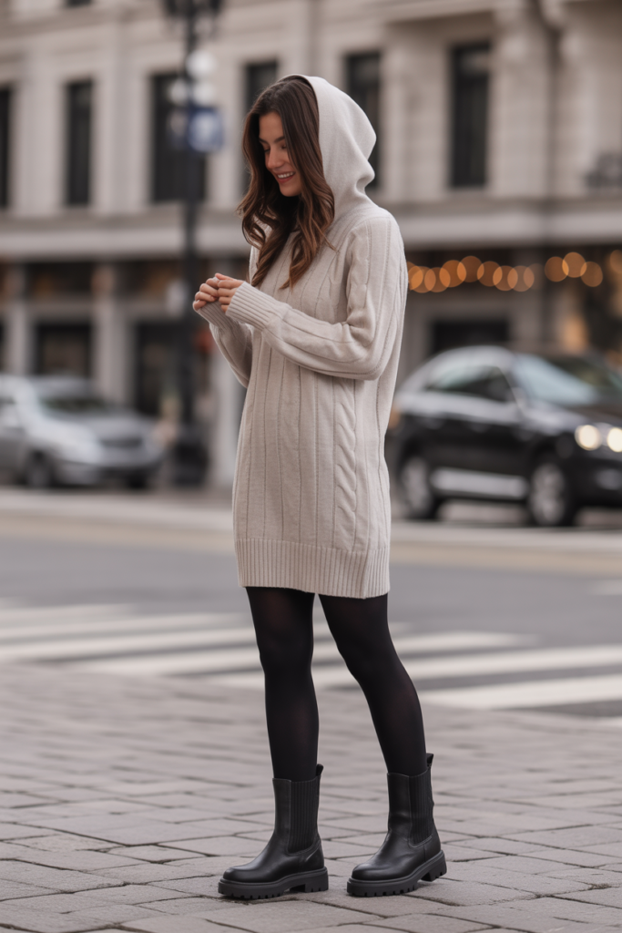 Hooded Knit Dress + Tights + Lug Boots