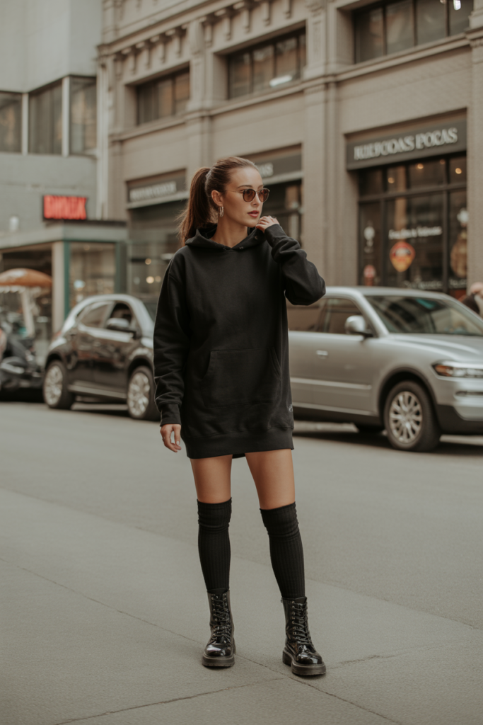 Hoodie Dress + Knee-High Socks + Combat Boots