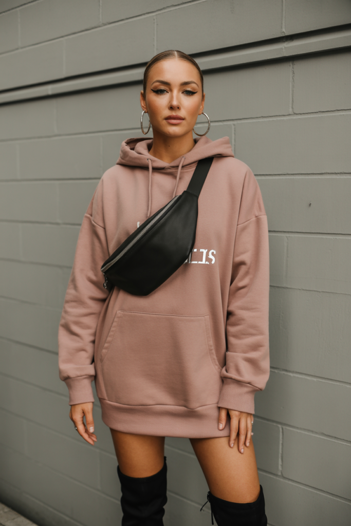Hoodie Dress + Thigh-High Boots + Fanny Pack