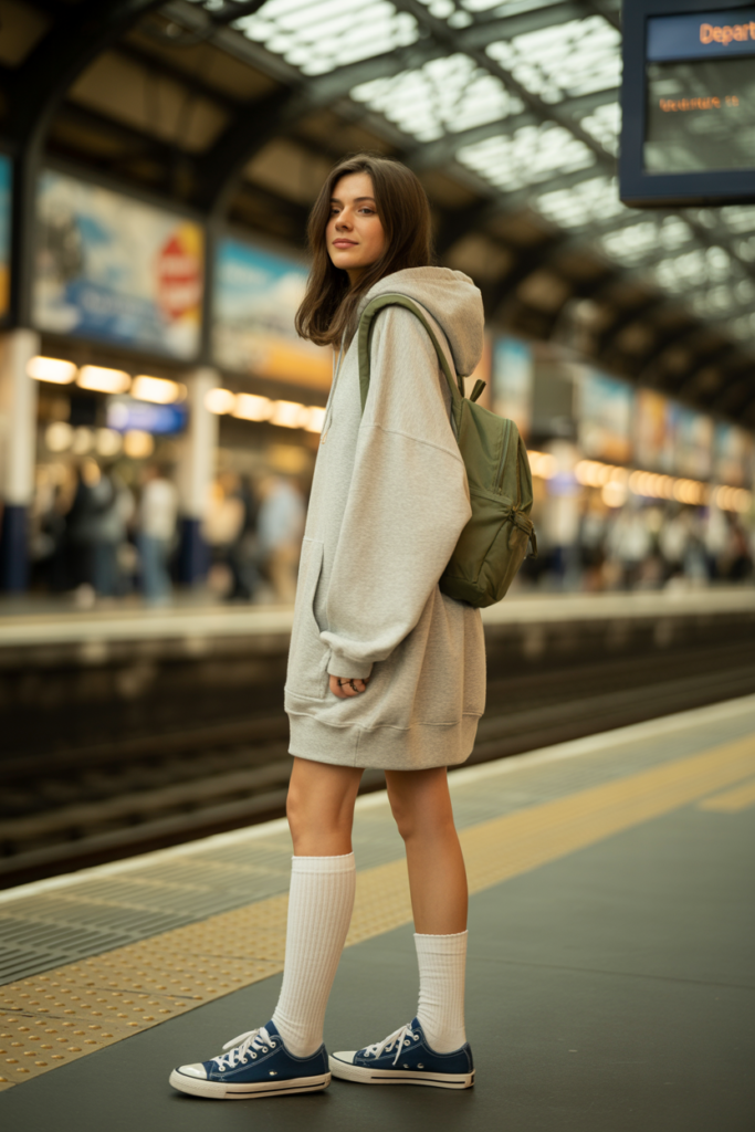 Hoodie Dress With High Socks And Sneakers