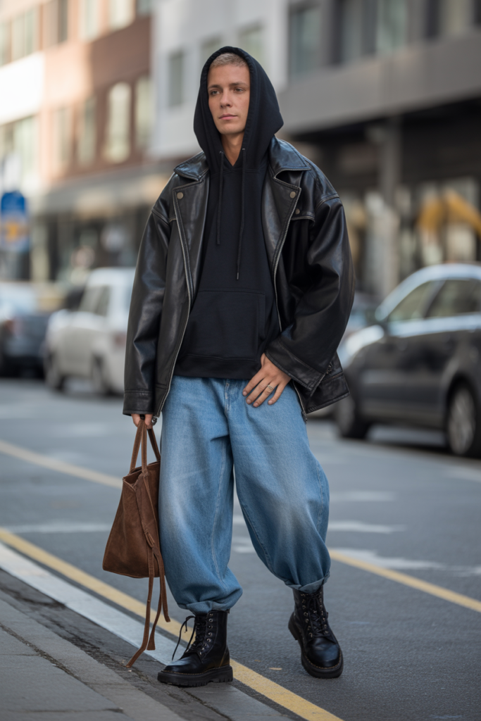 Hoodie + Leather Jacket + Baggy Jeans