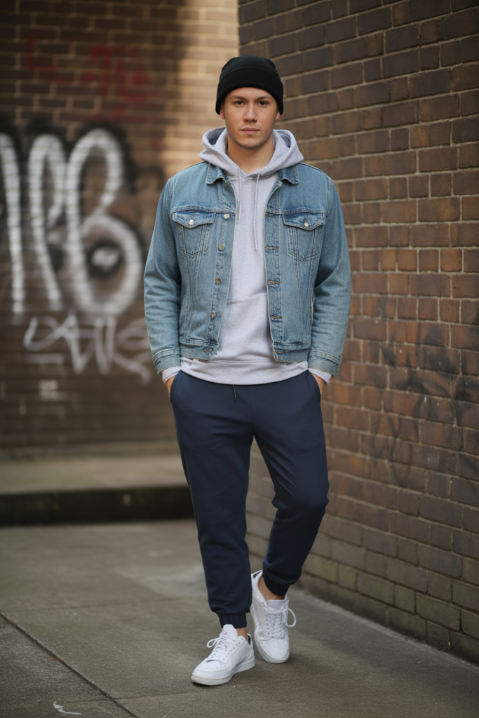 Hoodie Under Denim Jacket With Joggers