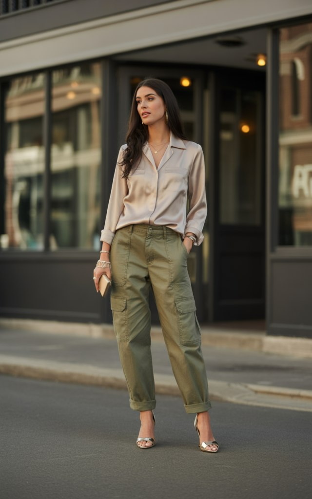  Khaki Cargos + Silk Blouse + Heels
