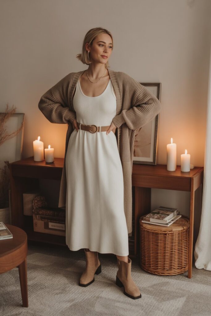 Knit Midi Dress + Cardigan + Booties