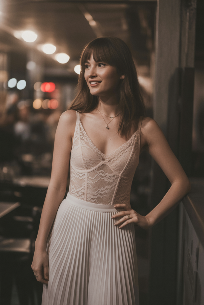 Lace Bodysuit + Pleated Skirt