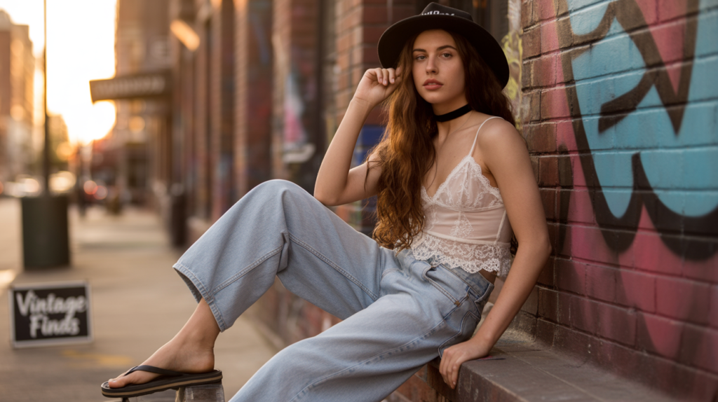 Lace Camisole With Baggy Jeans And Flip-Flops