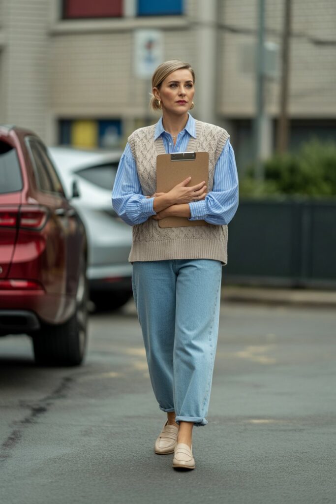 Layered Blouse Under a Sweater Vest