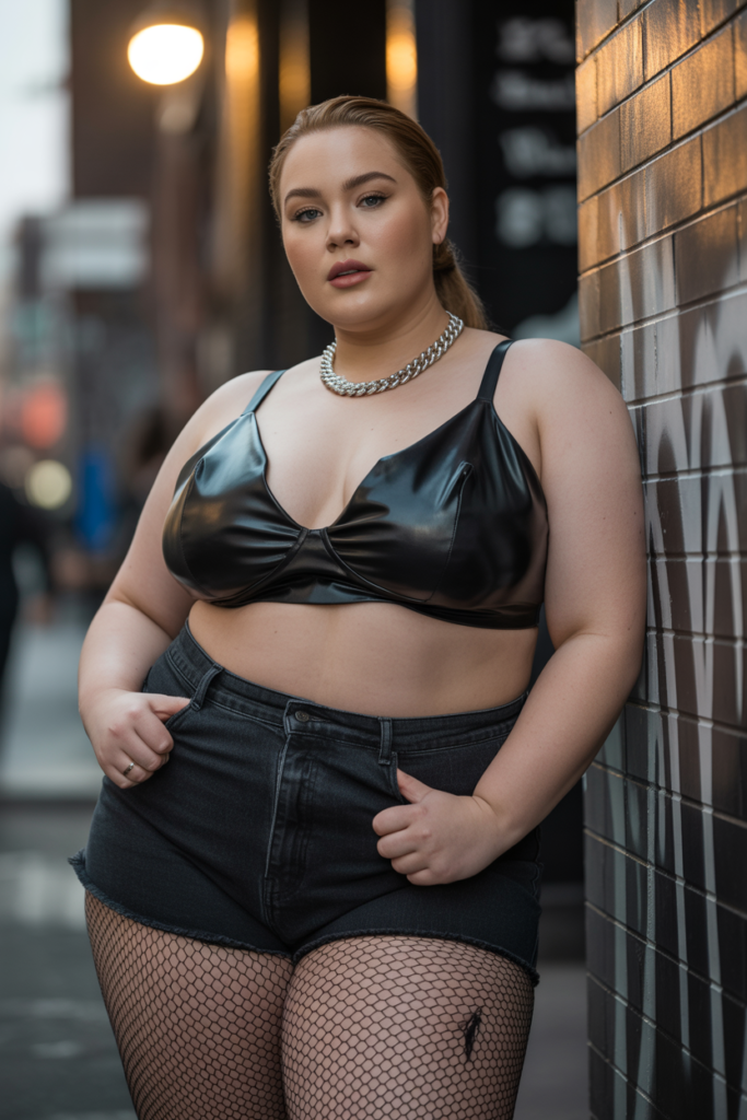 Leather Bralette + High-Waisted Shorts + Fishnet Tights