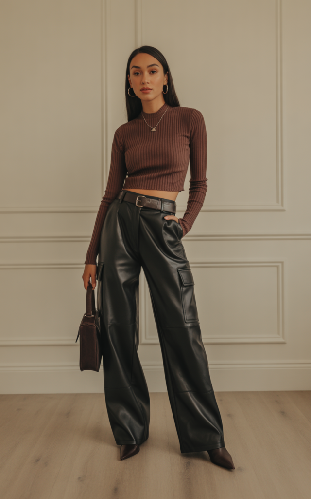 Leather Cargo Pants + Ribbed Knit Top