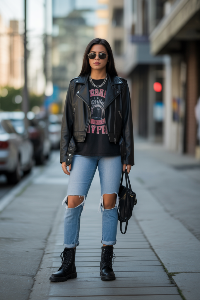 Leather Jacket + Combat Boots + Ripped Jeans