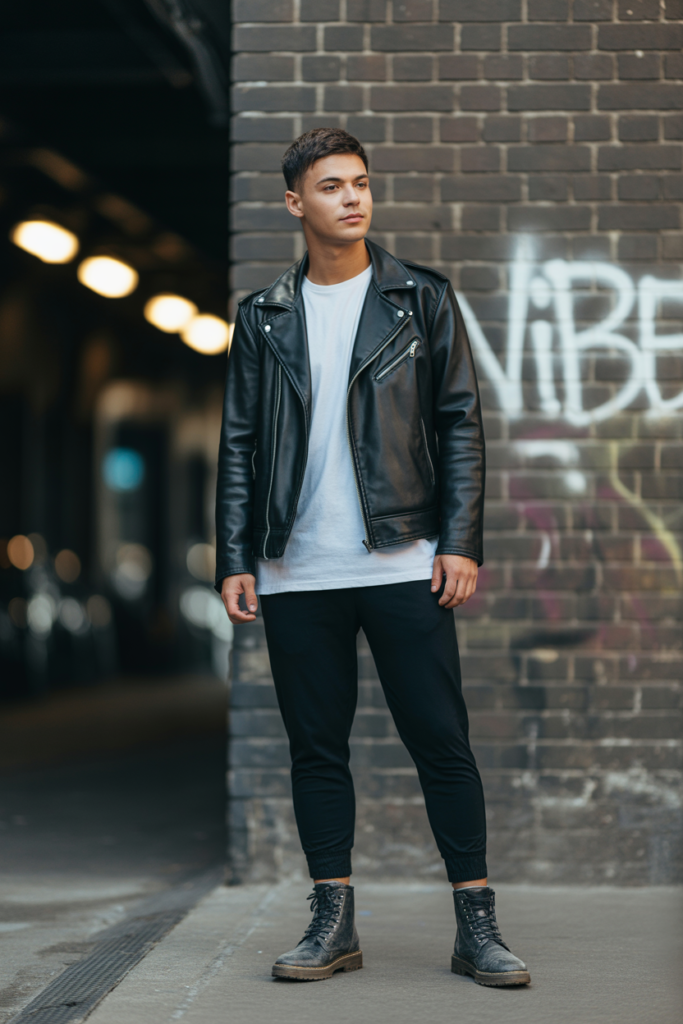 Leather Jacket With Black Joggers
