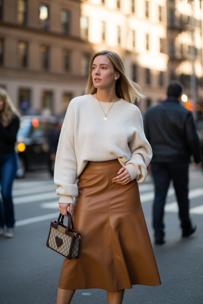 Leather Midi Skirt + Sweater for a Chic Fall Look