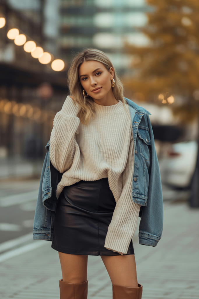 Leather Mini Skirt With Oversized Sweater