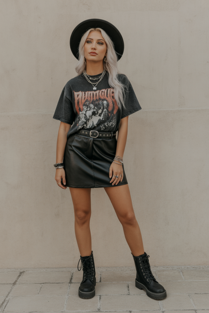Leather Skirt + Graphic Tee + Combat Boots