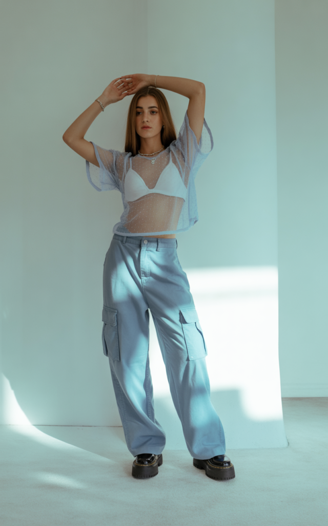 Light Blue Cargos + Sheer Top + Bralette