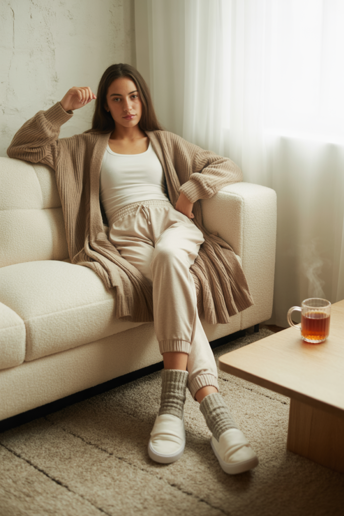 Long Cardigan With Neutral Joggers