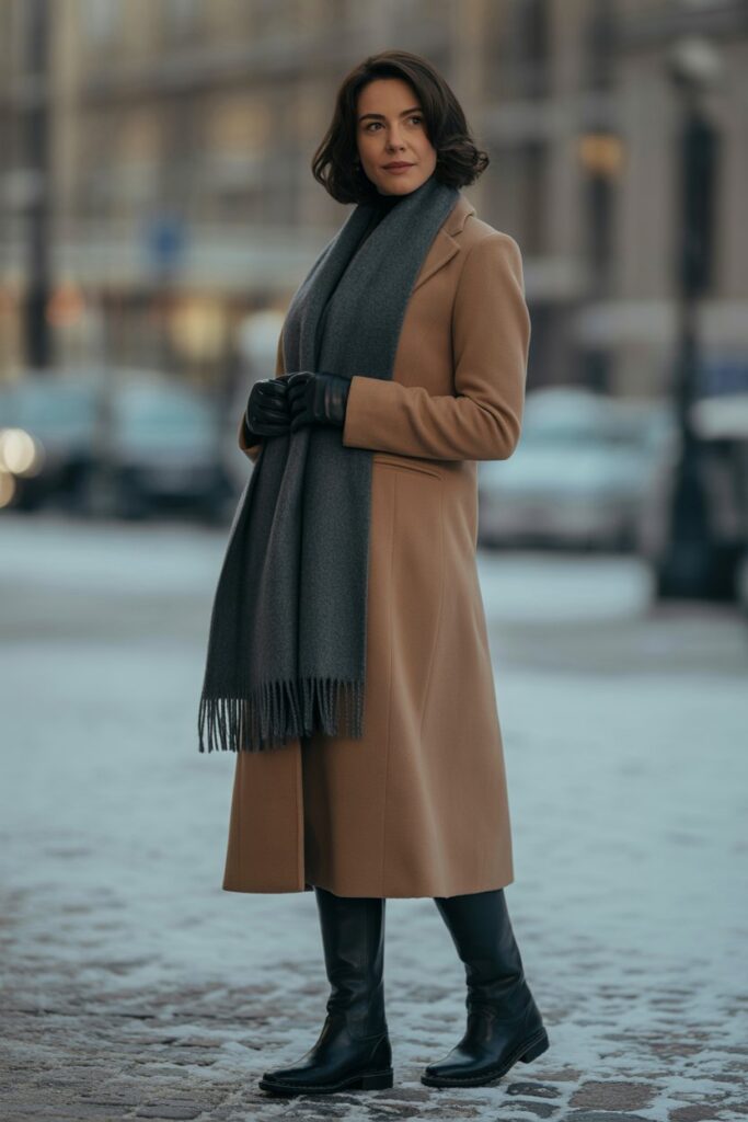 Long Wool Coat + Leather Gloves For Winter Sophistication