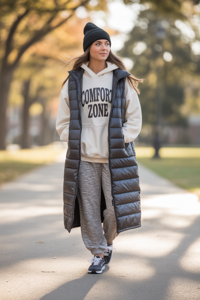 Longline Puffer Vest With Baggy Hoodie